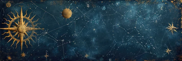 Papier Peint photo Lavable Rétro Caravels Marine Blue Portolan Map Style Background - Sun, Heliocentric, Compass Rose and Various little Stars Constellation Map - consisting of Golden Filigree created with Generative AI Technology