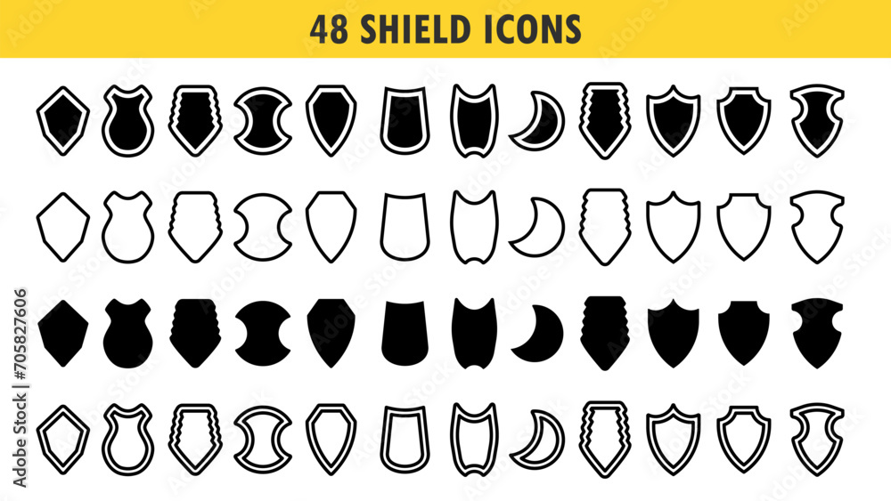 Poster shield icons set. police badge. collection of security shield icons with contours and linear signs. 