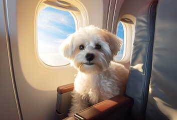 cute little white Frisian bichon frisson bolognese in airplane seat travel with pet and...