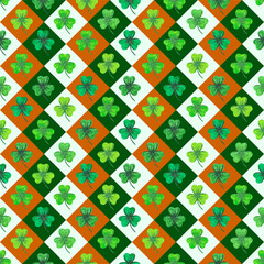 St.Patrick's day seamless pattern with watercolor clover leaves and golden coins on white background