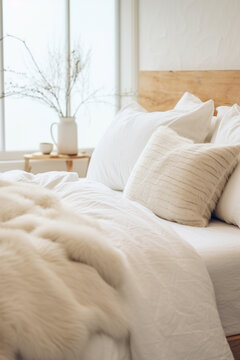 Stylish interior of contemporary room with comfortable bed