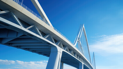 Obraz premium Support element of a high cable-stayed bridge with steel pylons. Backlight. Clear blue sky.