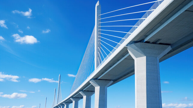 Support element of a high cable-stayed bridge with steel pylons. Backlight. Clear blue sky.