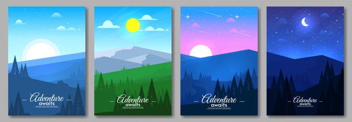 Set of abstract vector landscape. Flat style design. Morning, noon, evening and night. Mountains with hills and forest. Touristic poster design.
