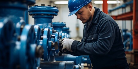 A laborer at a water facility examines valves and equipment for distributing pure water through pipes in a major commercial zone. - obrazy, fototapety, plakaty