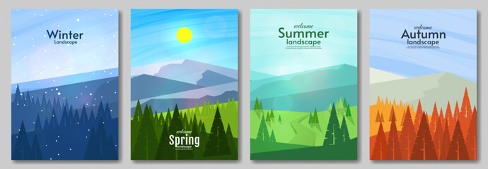 Abstract season landscape. Flat style design nature. Vector illustration. Winter, spring, summer, autumn.