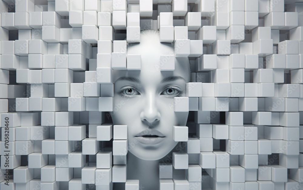 Poster a woman's face with a white background and a pattern of white cubes generative ai