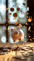 Piggy Bank with Falling Coins on Dark Background Concept for Savings and Investment