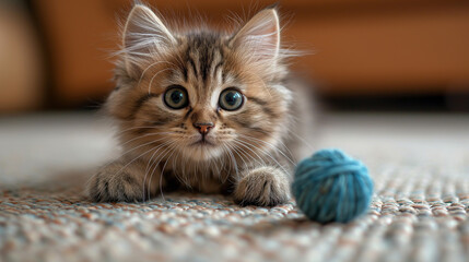 Cute kitten with fur and beautiful eyes is playing with ball in the house. Selective focus. Animal care concept. 