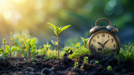 Concept of Time in Nature with Vintage Alarm Clock and Young Sprouts