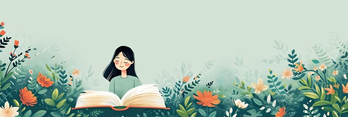 Woman reading a Book Background - Emerald Colours Accents, Minimalistic Floral Backdrop around the Book - Girl Book Boho, Vintage Watercolors Style Wallpaper created with Generative AI Technology