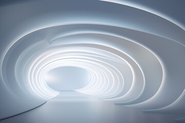 A long, narrow, white tunnel with a blue light illuminating it Generative AI