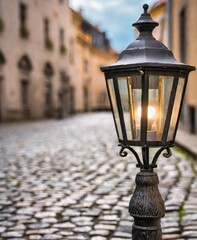 Street lamp on European narrow cobbled street