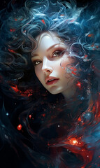 Unusual portrait of a beautiful young woman with long curly hair fantasy