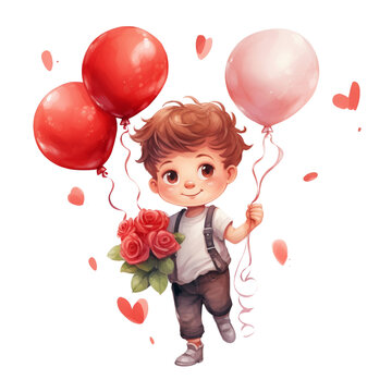 little boy with red roses on Valentines Day watercolor illustration