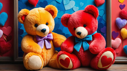 Valentine's Day. Background for February 14. A pair of cute teddy bears with bows. Plush fluffy bears on blue background. Awesome yellow and red bears. Romantic couple