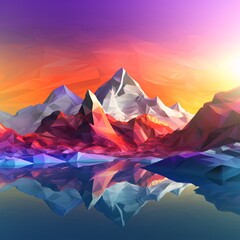 A mountain range with a purple sky and a lake below Generative AI