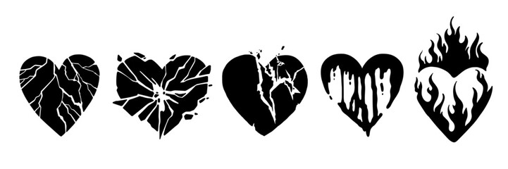 Broken heart gothic vector icon set, love sign rock gothic sticker, cracked grunge shapes, flame. Emo romance trendy print, y2k Valentine Day graffiti 90s art, breakup tattoo. Broken heart silhouette - obrazy, fototapety, plakaty