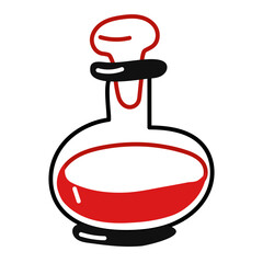 A rounded bottle with a red love potion for Valentine's Day. Isolated vector doodle illustration in red and black colors. A closed bottle of liquid for lovers. Contour, lines