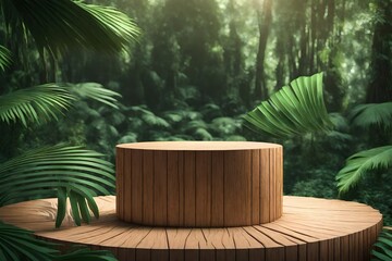 Wooden podium in tropical forest for product presentation and green background.3d rendering 