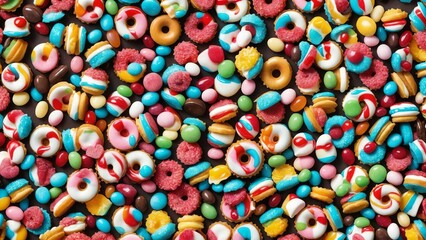 Fototapeta na wymiar A colorful background of candy. Doughnuts in colored glaze, candies, jelly candies, chocolate, mint dragees, strawberry and raspberry marmalade. Chocolate cookies in glaze.