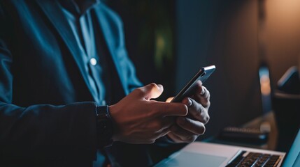 Entrepreneur using mobile device for promoting on social platforms and online promotion. Digital idea of information exchange and connectivity. Social Isolation and Remote Work.