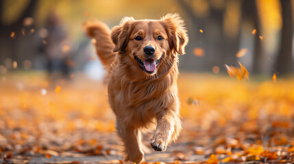 Brown dog with long fur is running in the park. His owner behind him. Selective focus. Autumn time. Animal care 