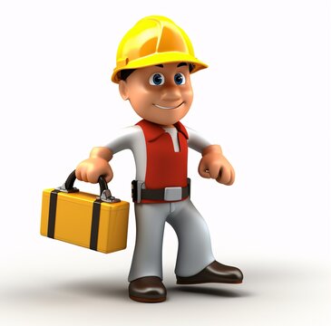 3D Cartoon Construction Worker with Toolbox Generative AI