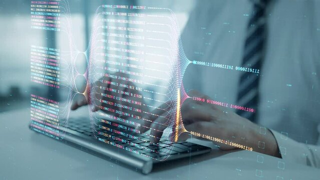 Programming language hologram with coder hands typing on computer keyboard abstract background. Artificial intelligence and deep machine learning concept. Big data technology and AI neural network