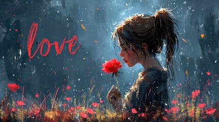 Cute Girl with the handwritten Word Love Background - Woman Love Clean Outline Clip Art Valentines Day Wallpaper created with Generative AI Technology