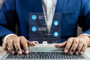 Businessman using AI chatbot conversation assistant in app on device for virtual assistance and customer support digital communication, Contact us Online service with AI Chatbot for efficient support.