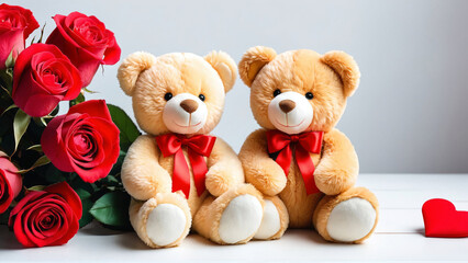 Valentine's Day. Background for February 14. A pair of cute teddy bears. Plush fluffy bears with red roses. Awesome colors, teddy bears with red bows. Romantic couple