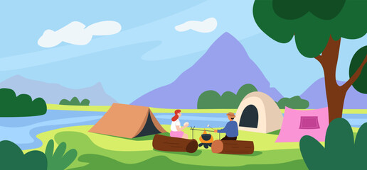 Obraz na płótnie Canvas Tent Camp Scene with River, Mountains and Campers around Campfire. Tourists on Summer Vacation. Flat Graphic Vector Illustration.