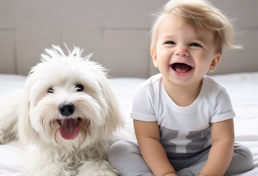 Happy little kid and dog smiling at home