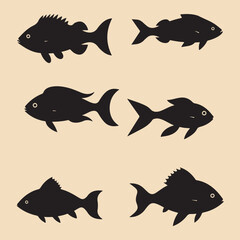 Fish set black silhouette Clip art