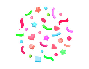 3D Render Party Confetti set. Symbol of fun, celebration, surprise. Vector illustration