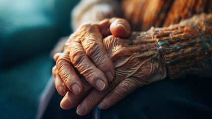 Aged society care service for Alzheimer's patient with Parkinson's, senior's hand in support of geriatric doctor or nursing caregiver on disability awareness day. - obrazy, fototapety, plakaty