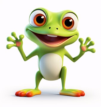 Green Frog with Big Smile and Hands Up Generative AI