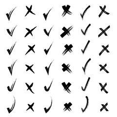 Yes and no. Brush hand drawn doodle checkmarks and crosses set collection. Pencil hand drawn checkmarks and little crosses. Scribble, pen sketches. Vector illustration