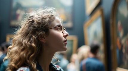 Introspective young white female with spectacles observing exhibit, while others view artwork in the background. Celebrating Museum Day.