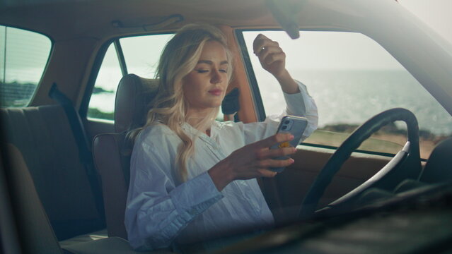 Girl Looking Social Media In Telephone Sitting Retro Car At Ocean Coast Close Up