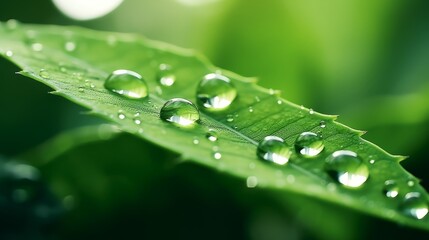Macro close-up: transparent raindrops glisten on vibrant green leaf in morning sunlight – beautiful nature texture