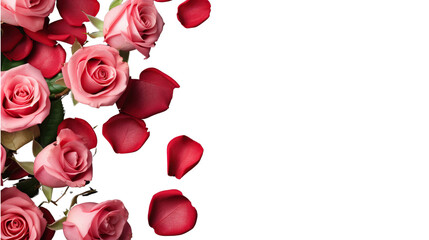 Fototapeta na wymiar Valentine day greeting card with rose bouquet over transparent or white background with space for your greeting. top view flat lay