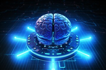 A futuristic brain control panel with blue neon lights Generative AI - obrazy, fototapety, plakaty