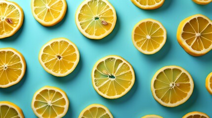 Fruit pattern. Colorful of fresh lemon texture slices on blue background. From top view.