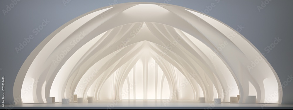 Poster a large white dome with a curved roof and a tunnel-like structure inside generative ai