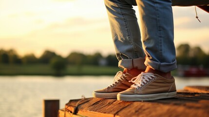 A man in beige sneakers stands on the edge of a wooden pier, a solitary walk on a wooden pier - obrazy, fototapety, plakaty