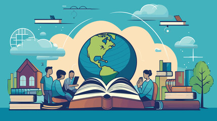 educational and intellectual aspects within Christian communities in a vector art piece showcasing individuals engaged in Bible study, theological discussions, and educational endeavors. 