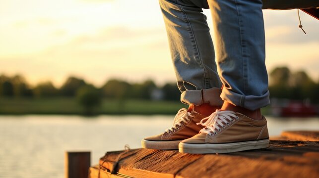 A man in beige sneakers stands on the edge of a wooden pier, a solitary walk on a wooden pier