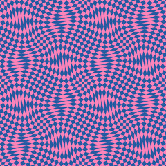 Obraz premium Vector seamless pattern with optical illusion effect. Simple abstract background with distorted checkered grid. Op art texture. Vibrant blue and pink deformed surface. Retro groovy funky repeat design